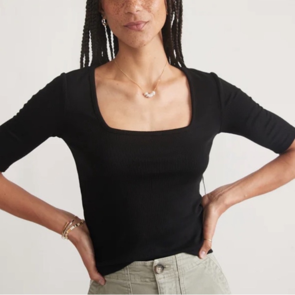 Marine Layer Black Lexi Ribbed Square Neck Preppy Outdoor Granola Boho Top L